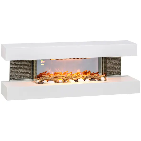 HOMCOM 47inch / 120cm Electric Fireplace Wall Mounted, Freestanding, Glass Electric Fire Suite with Mantel, Adjustable LED Flame Effect and Temperature, Log, Pebble, Remote Control, 2000W, White - 1