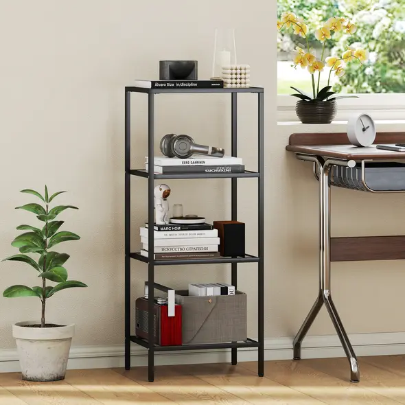 HOMCOM 4-Tier Shelving Unit, Glass Shelf, Vertical Storage Shelf for Living Room, Home Office, Bedroom, Bathroom, Black - 7
