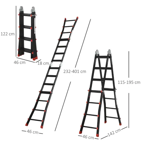 HOMCOM 4M Aluminium Duo Ladder Telescopic Herringbone Changeable Multi-Purpose w/ Non-Slip Steps Climbing DIY Platform Portable Workshop House Garden - 3