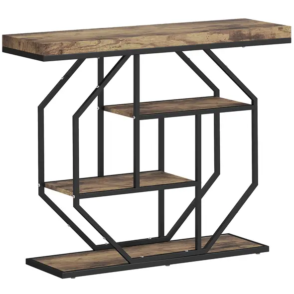 HOMCOM 4-Tier Industrial Console Table - Rustic Brown - 1