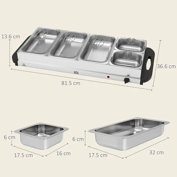 HOMCOM 5 Tray Electric Food Warmer Buffet Server with Warming Plate, Cool Touch Handles, Adjustable Temperature, 300W, 3 x 2.4L and 2 x 1L Pans - 3