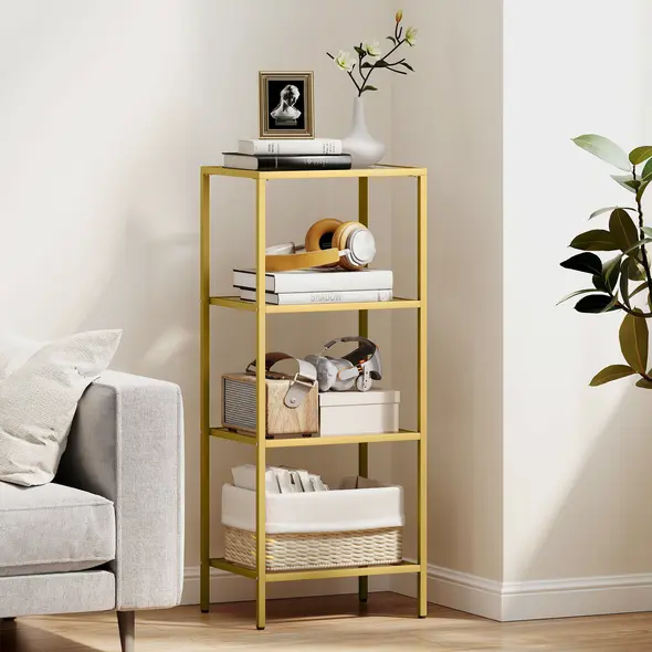 HOMCOM 4-Tier Shelving Unit, Glass Shelf, Vertical Storage Shelf for Living Room, Home Office, Bedroom, Bathroom, Gold Tone - 2