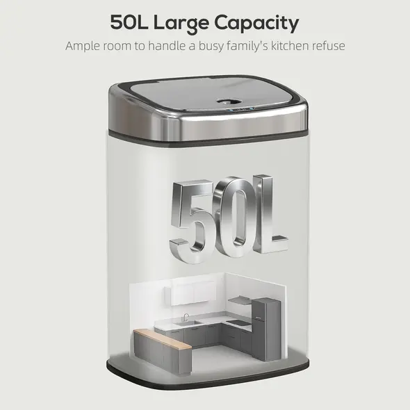 HOMCOM 50L Stainless Steel Sensor Bin - Silver Tone - 5
