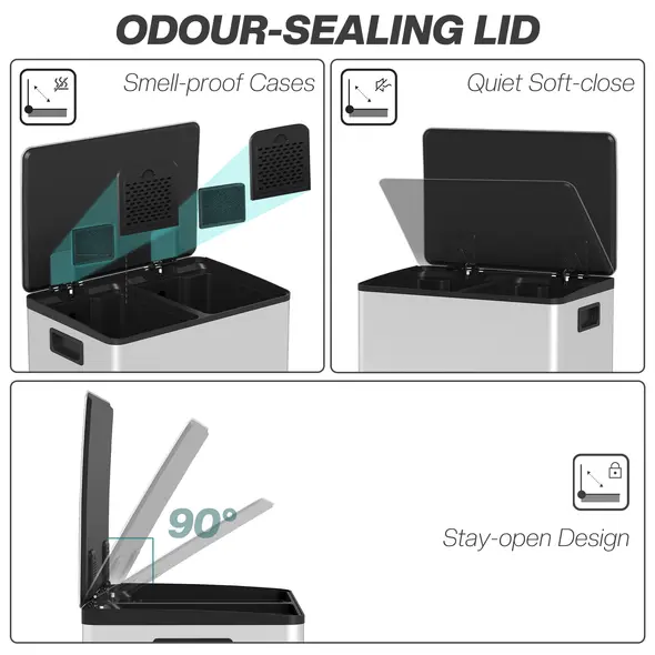 HOMCOM 50L Dual Compartment Stainless Steel Bin, with Deodoriser Holders - Silver - 6