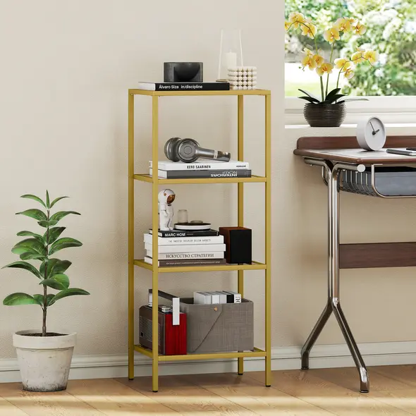 HOMCOM 4-Tier Shelving Unit, Glass Shelf, Vertical Storage Shelf for Living Room, Home Office, Bedroom, Bathroom, Gold Tone - 7