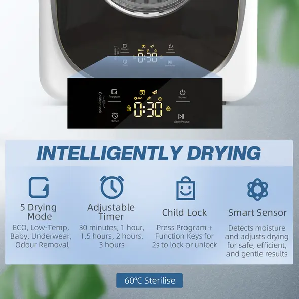 HOMCOM 4kg Vented Tumble Dryer, 800W Compact Freestanding Front Tumble Dryer with 5 Drying Mode, Smart Sensor, Timer and Stainless Steel Tub, Wall-Mounted Portable Small Clothes Drying Machine, White - 4