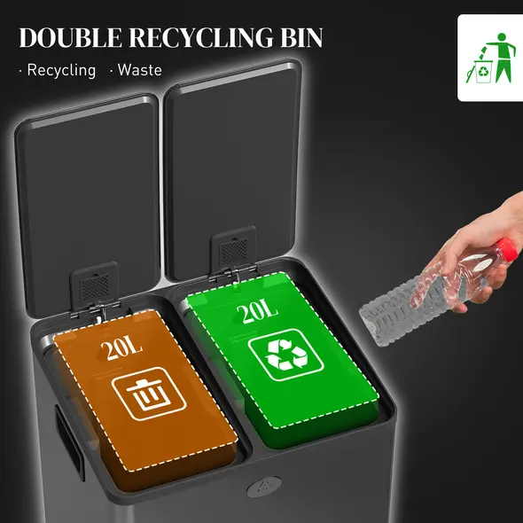 HOMCOM 40L Dual Compartment Stainless Steel Bin, with Deodoriser Holders - Black - 4