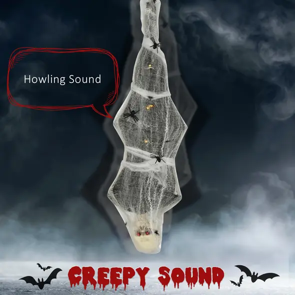 HOMCOM 4.7ft Life Size Outdoor Halloween Decoration Hanging Mummy with Spider Web, Animated Prop Decor with Sound and Motion Activated, Light Up Eyes, Howling Sound, Posable Arms, Moving Body - 4