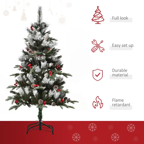 HOMCOM 4FT Artificial Snow Dipped Christmas Tree Xmas Pencil Tree Holiday Home Party Decoration with Foldable Feet Red Berries White Pinecones, Green - 5
