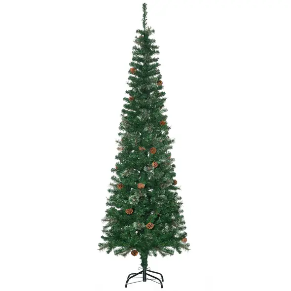 HOMCOM 6.5FT Tall Pencil Slim Artificial Christmas Tree with Realistic Branches, Tip Count and Pine Cones, Pine Needles Tree, Xmas Decoration, Green - 1