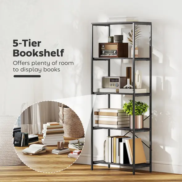 HOMCOM 5-Tier Bookshelf, Industrial Bookcase with Metal Frame - Dark Grey and Black - 4