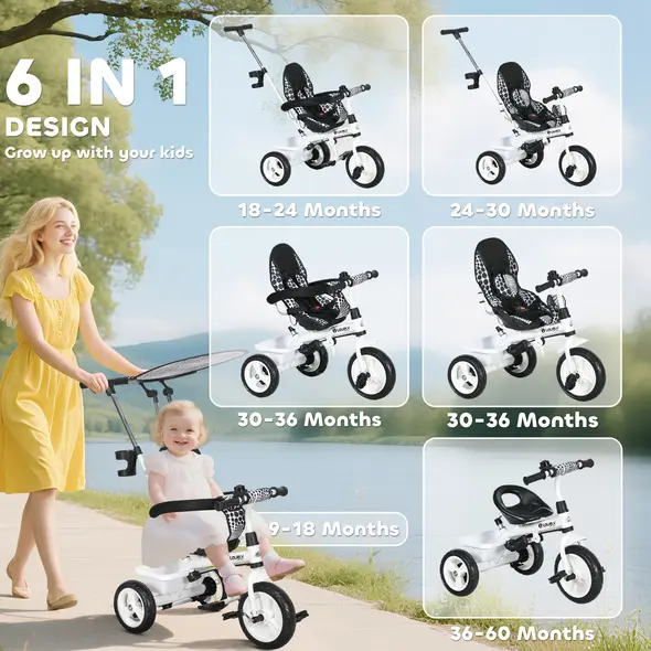 HOMCOM 6 in 1 Tricycle for Kids with 5-point harness straps, Removable Canopy, White - 4