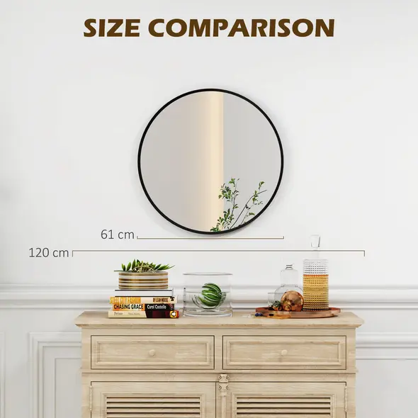 HOMCOM 61cm Decorative Wall Mirror for Bedroom Living Room, Modern Round Bathroom Mirror for Home Decor, Black - 7