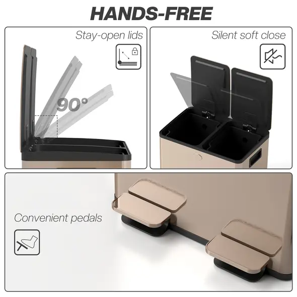 HOMCOM 56L Dual Compartment Stainless Steel Bin, with Deodoriser Holders - Gold Tone - 6