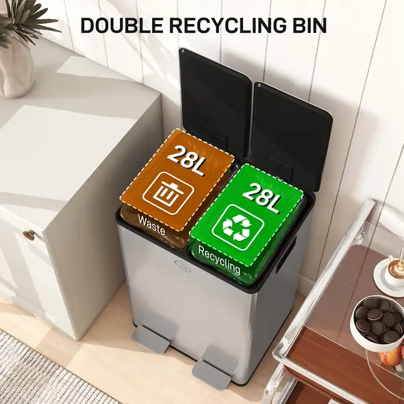 HOMCOM 56L Dual Compartment Stainless Steel Bin, with Deodoriser Holders - Silver Tone - 4