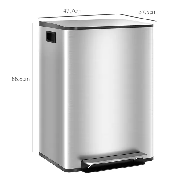 HOMCOM 60L Dual Compartment Stainless Steel Bin, with Deodoriser Holders - Silver Tone - 3