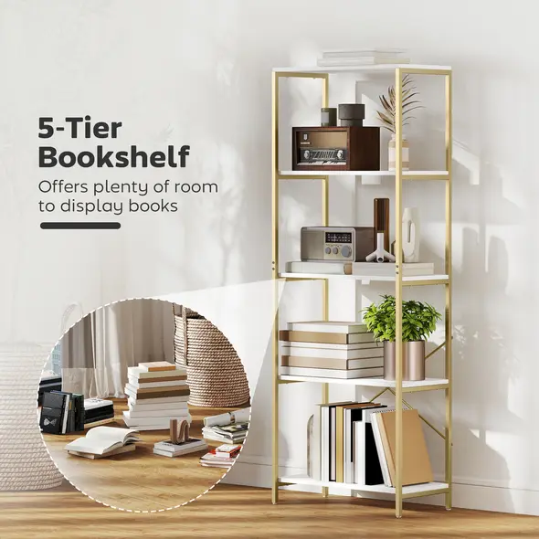 HOMCOM 5-Tier Bookshelf, Modern Bookcase with Metal Frame - White and Gold Tone - 4