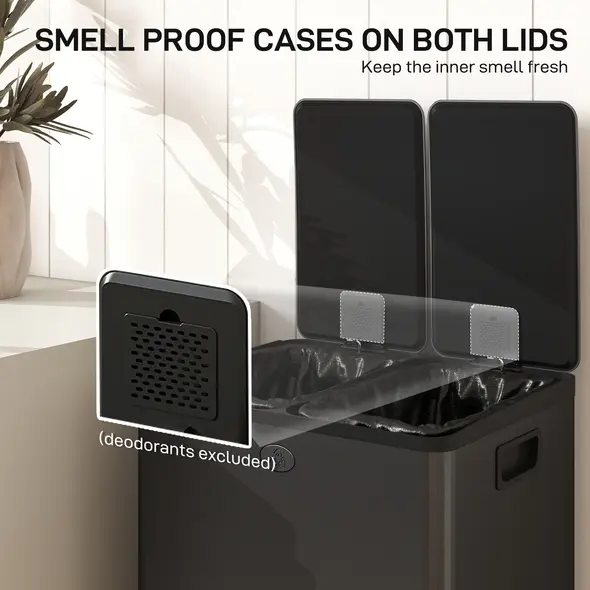 HOMCOM 56L Dual Compartment Stainless Steel Bin, with Deodoriser Holders - Black - 5