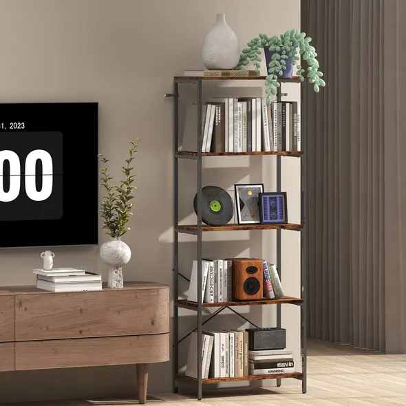 HOMCOM 5-Tier Bookshelf, Industrial Bookcase with Metal Frame - Rustic Brown and Black - 8