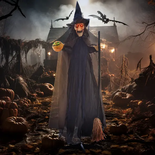 HOMCOM 6'2" Witch with Broomstick Halloween Animatronic, with Glowing Eyes - 2