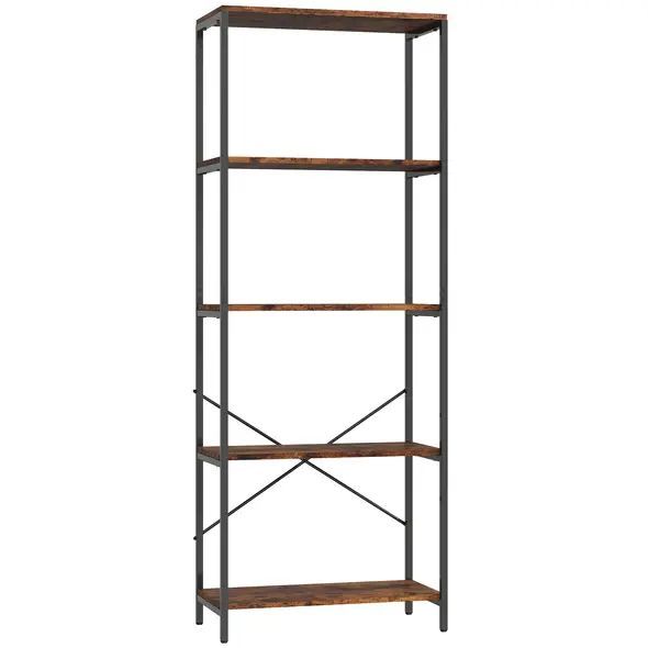 HOMCOM 5-Tier Bookshelf, Industrial Bookcase with Metal Frame - Rustic Brown and Black - 1