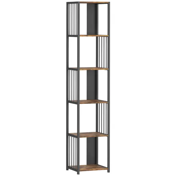 HOMCOM 5-Tier Bookshelf with Steel Frame - Rustic Brown - 1