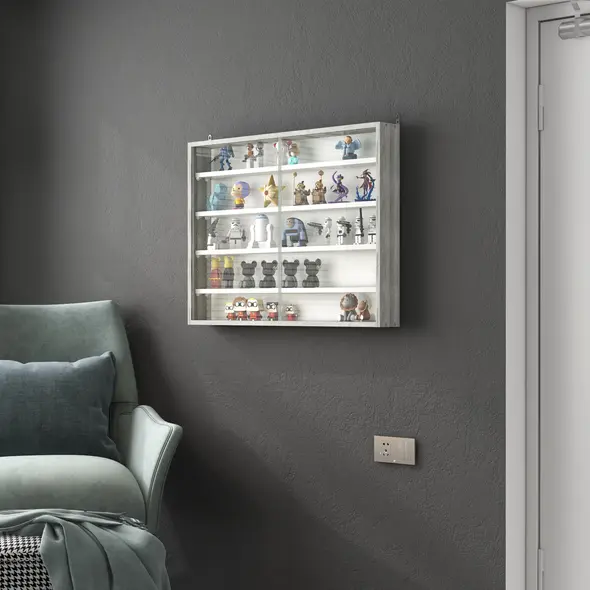 HOMCOM 5-Tier Wall Display Shelf Unit Cabinet w/ 4 Adjustable Shelves Glass Doors Home Office Ornaments 60x80cm Grey Wood Grain - 7