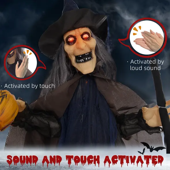 HOMCOM 6'2" Witch with Broomstick Halloween Animatronic, with Glowing Eyes - 6