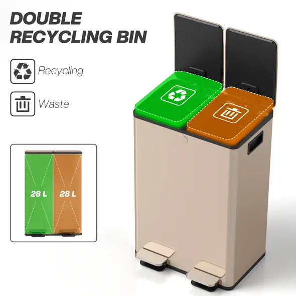 HOMCOM 56L Dual Compartment Stainless Steel Bin, with Deodoriser Holders - Gold Tone - 4