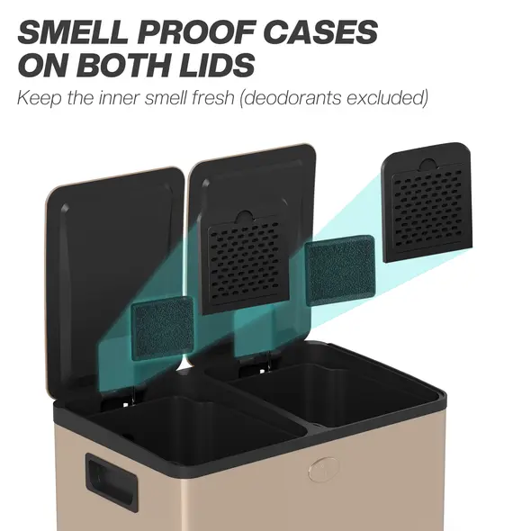 HOMCOM 56L Dual Compartment Stainless Steel Bin, with Deodoriser Holders - Gold Tone - 5