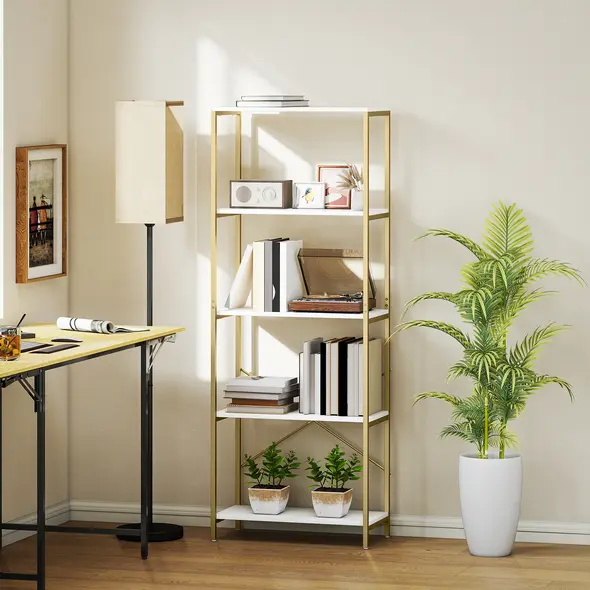 HOMCOM 5-Tier Bookshelf, Modern Bookcase with Metal Frame - White and Gold Tone - 7