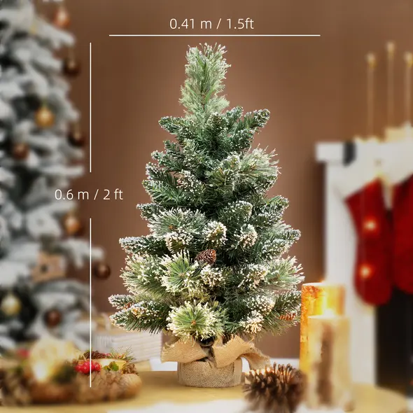 HOMCOM 60 cm Prelit Small Christmas Tree, Snow Flocked Tabletop Mini Xmas Tree with 35 LED Lights, Pine Cones and Linen Cover Base, Battery Operated, Green - 3