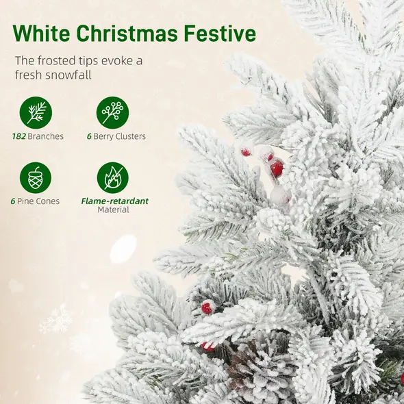 HOMCOM 60 cm Prelit Small Christmas Tree with 35 LED Lights, Snow Flocked Tabletop Mini Xmas Tree with Pine Cones, Berry Clusters and Linen Cover Base, Battery Operated, Green - 6