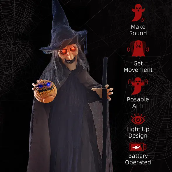 HOMCOM 6'2" Witch with Broomstick Halloween Animatronic, with Glowing Eyes - 7