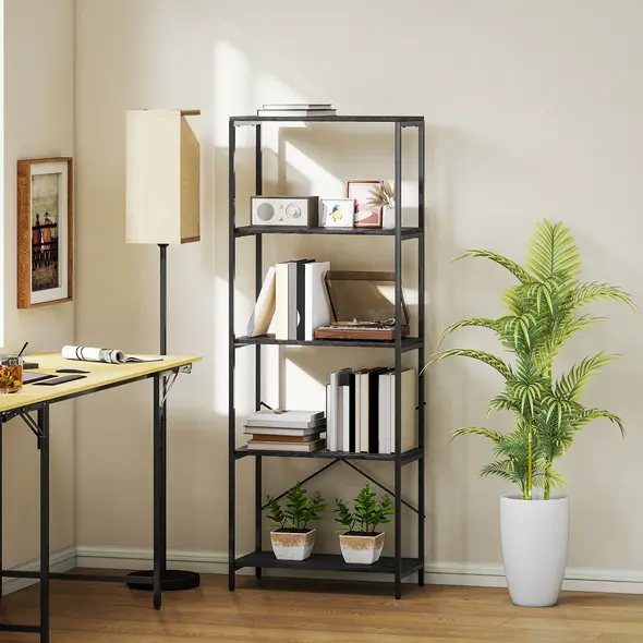 HOMCOM 5-Tier Bookshelf, Industrial Bookcase with Metal Frame - Dark Grey and Black - 7