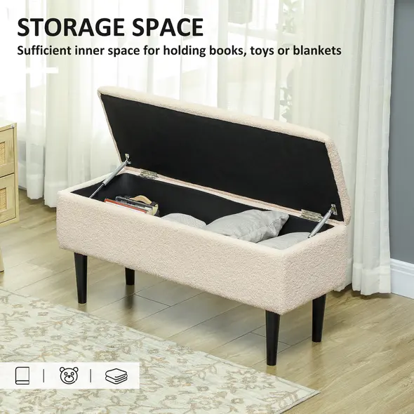 HOMCOM 57L Teddy Fleece Storage Ottoman - Cream - 4