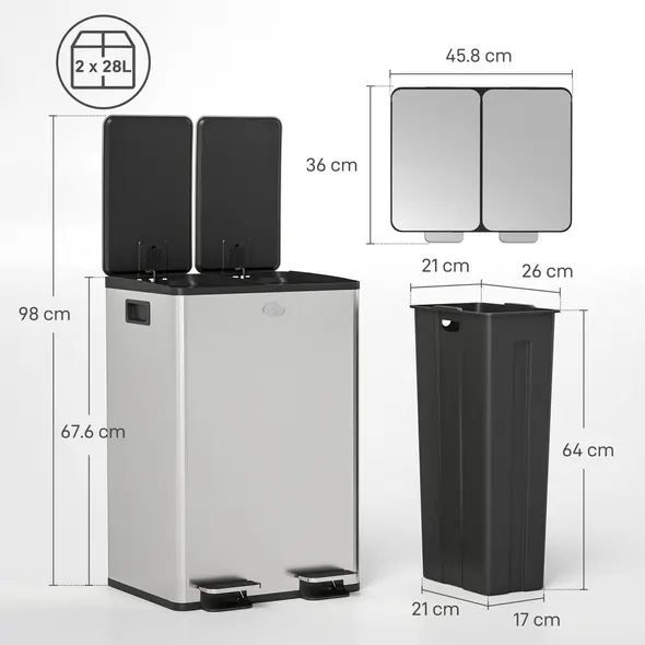 HOMCOM 56L Dual Compartment Stainless Steel Bin, with Deodoriser Holders - Silver Tone - 3