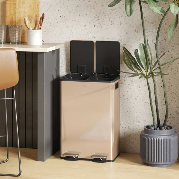 HOMCOM 56L Dual Compartment Stainless Steel Bin, with Deodoriser Holders - Gold Tone - 9