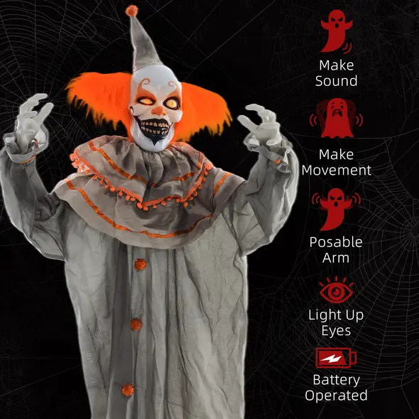 HOMCOM 6' Orange Clown Halloween Animatronic, with Glowing Eyes - 7
