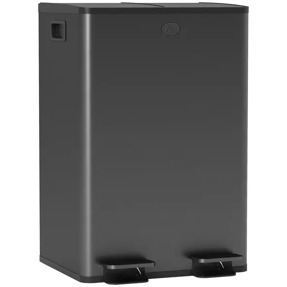HOMCOM 56L Dual Compartment Stainless Steel Bin, with Deodoriser Holders - Black - 1