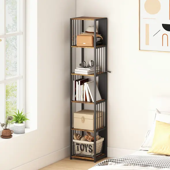 HOMCOM 5-Tier Bookshelf with Steel Frame - Rustic Brown - 7