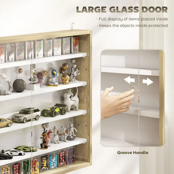 HOMCOM 5-Tier Wall Display Shelf Unit Cabinet w/ 4 Adjustable Shelves Glass Doors Home Office Ornaments 60x80cm Natural - 5