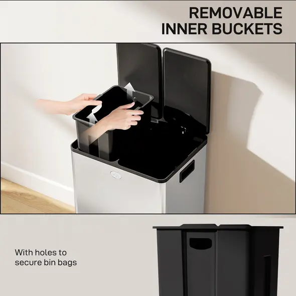 HOMCOM 56L Dual Compartment Stainless Steel Bin, with Deodoriser Holders - Silver Tone - 7