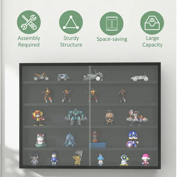 HOMCOM 5-Tier Wall Display Shelf Unit Cabinet w/ 4 Adjustable Shelves Glass Doors Home Office Ornaments 60x80cm Black - 6