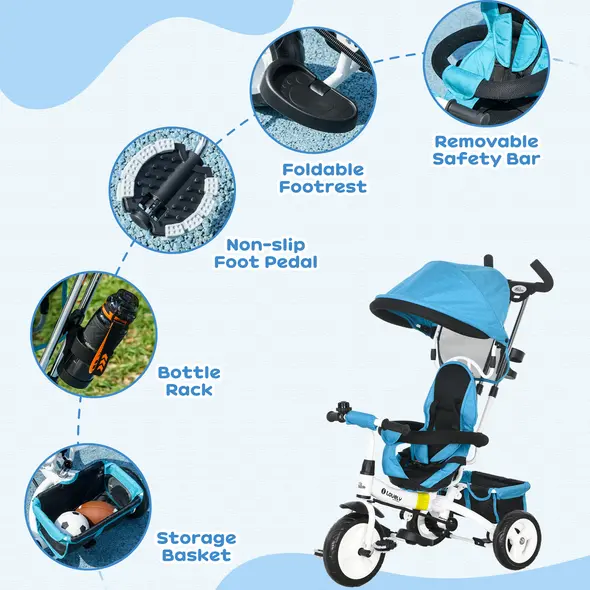 HOMCOM 6 in 1 Kids Trike Push Bike w/ Push Handle, Canopy, 5-point Safety Belt, Storage, Footrest, Brake, for 1-5 Years, Blue - 6