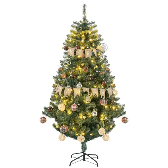 HOMCOM 6' Artificial Prelit Christmas Trees Holiday Décor with Warm White LED Lights, Decoration, Banner, Tag, Ball - 1