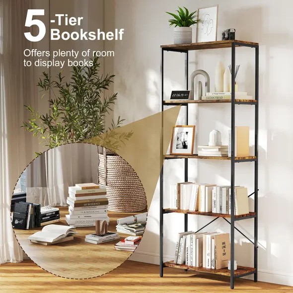 HOMCOM 5-Tier Bookshelf, Industrial Bookcase with Metal Frame - Rustic Brown and Black - 4