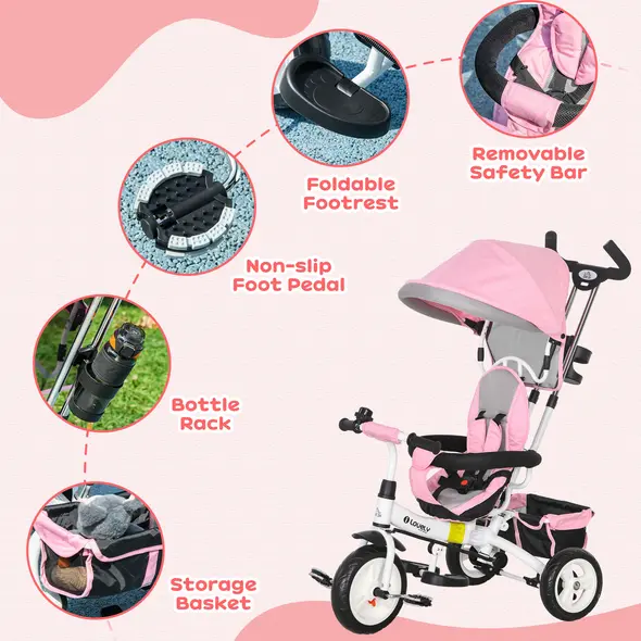 HOMCOM 6 in 1 Kids Trike Push Bike w/ Push Handle, Canopy, 5-point Safety Belt, Storage, Footrest, Brake, for 1-5 Years, Pink - 6