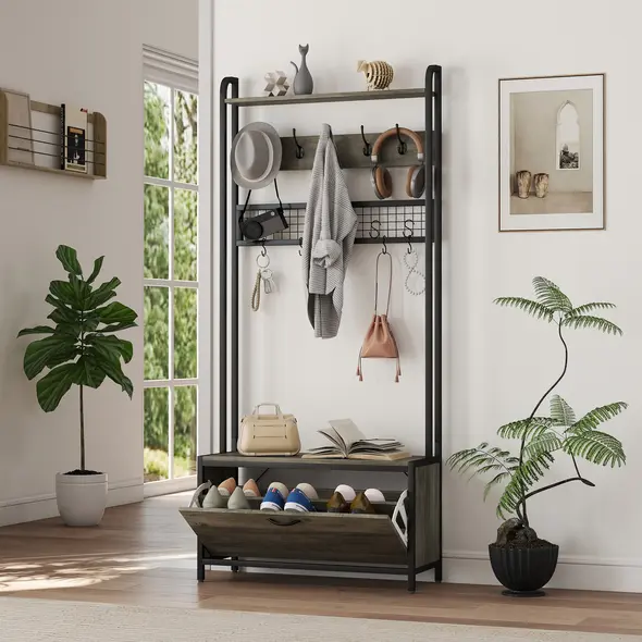 HOMCOM 5-In-1 Industrial-Style Hallway Tree - Grey/Black - 9