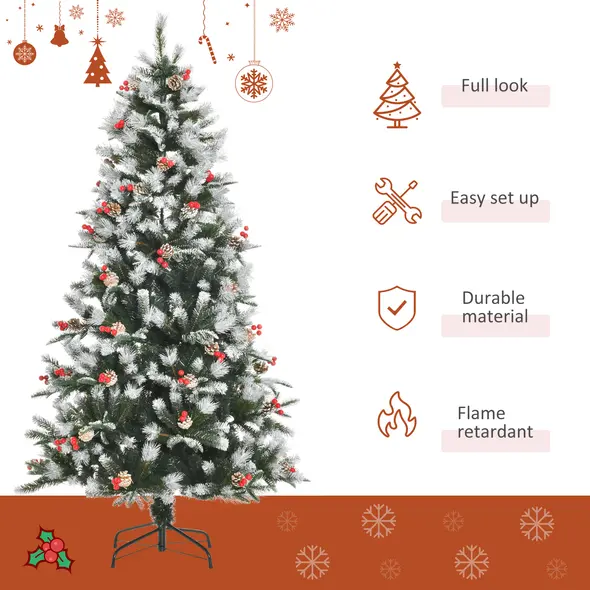 HOMCOM 6FT Artificial Snow Dipped Christmas Tree Xmas Pencil Tree Holiday Home Party Decoration with Foldable Feet Red Berries White Pinecones, Green - 4